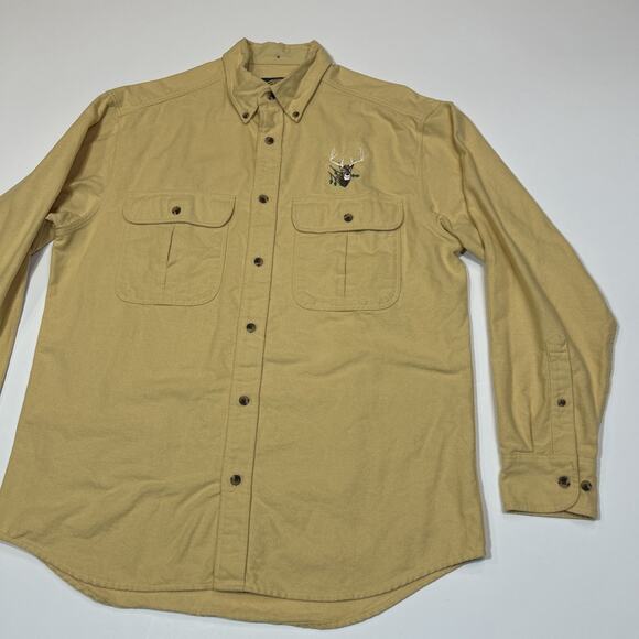 Cabela’s Men’s Medium Button Up Shirt Deer Embroidered Logo Yellow Long Sleeve - Picture 2 of 14